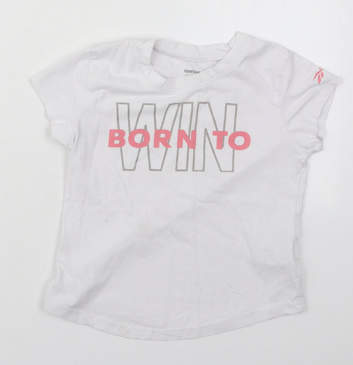Reebok Girls White Cotton Basic T-Shirt Size 7-8 Years Crew Neck Pullover - Born to Win