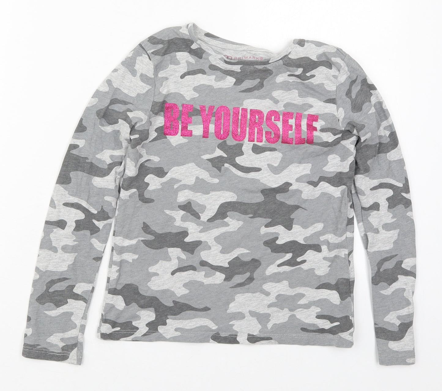 Primark Girls Grey Camouflage Cotton Basic T-Shirt Size 8-9 Years Crew Neck Pullover - Be Yourself