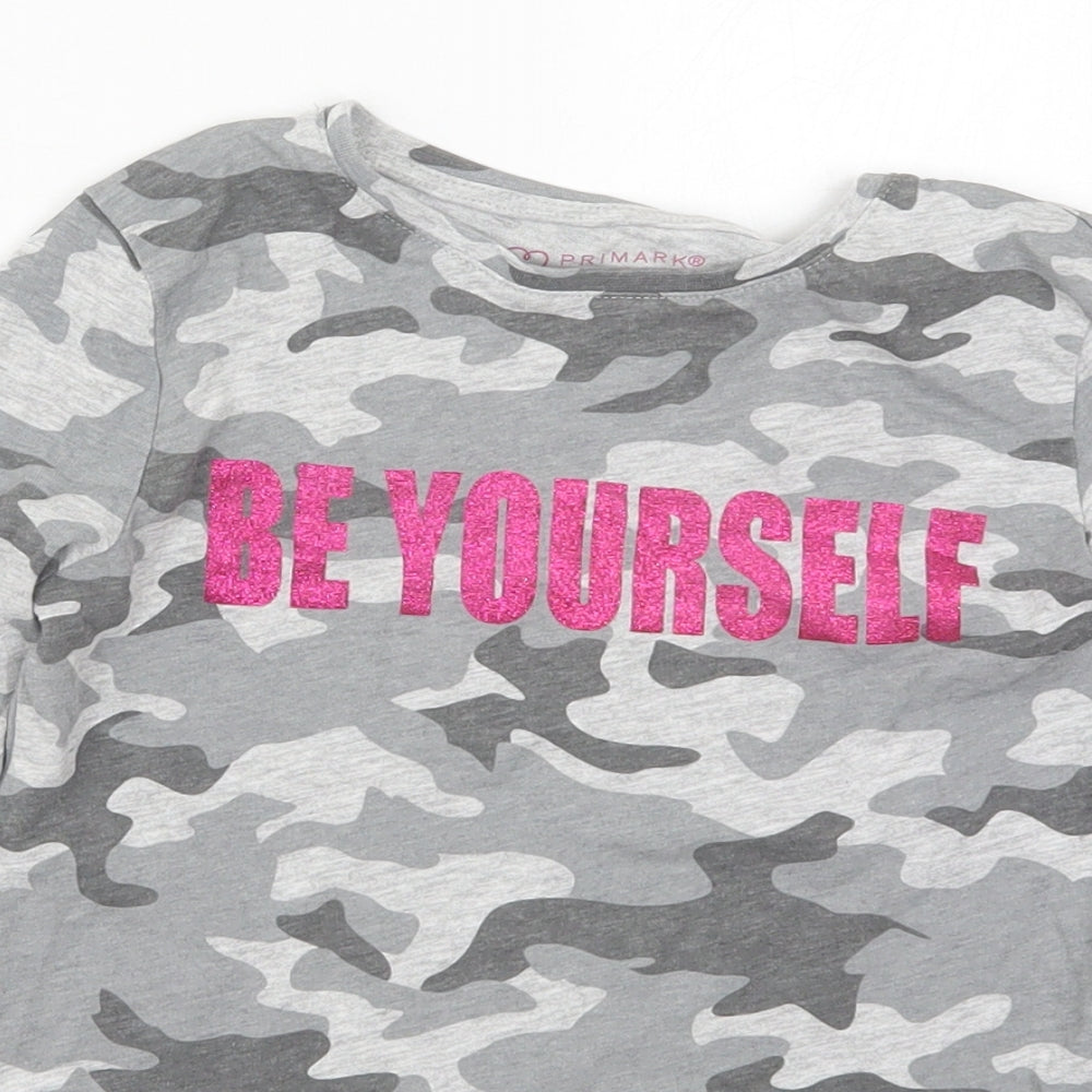 Primark Girls Grey Camouflage Cotton Basic T-Shirt Size 8-9 Years Crew Neck Pullover - Be Yourself
