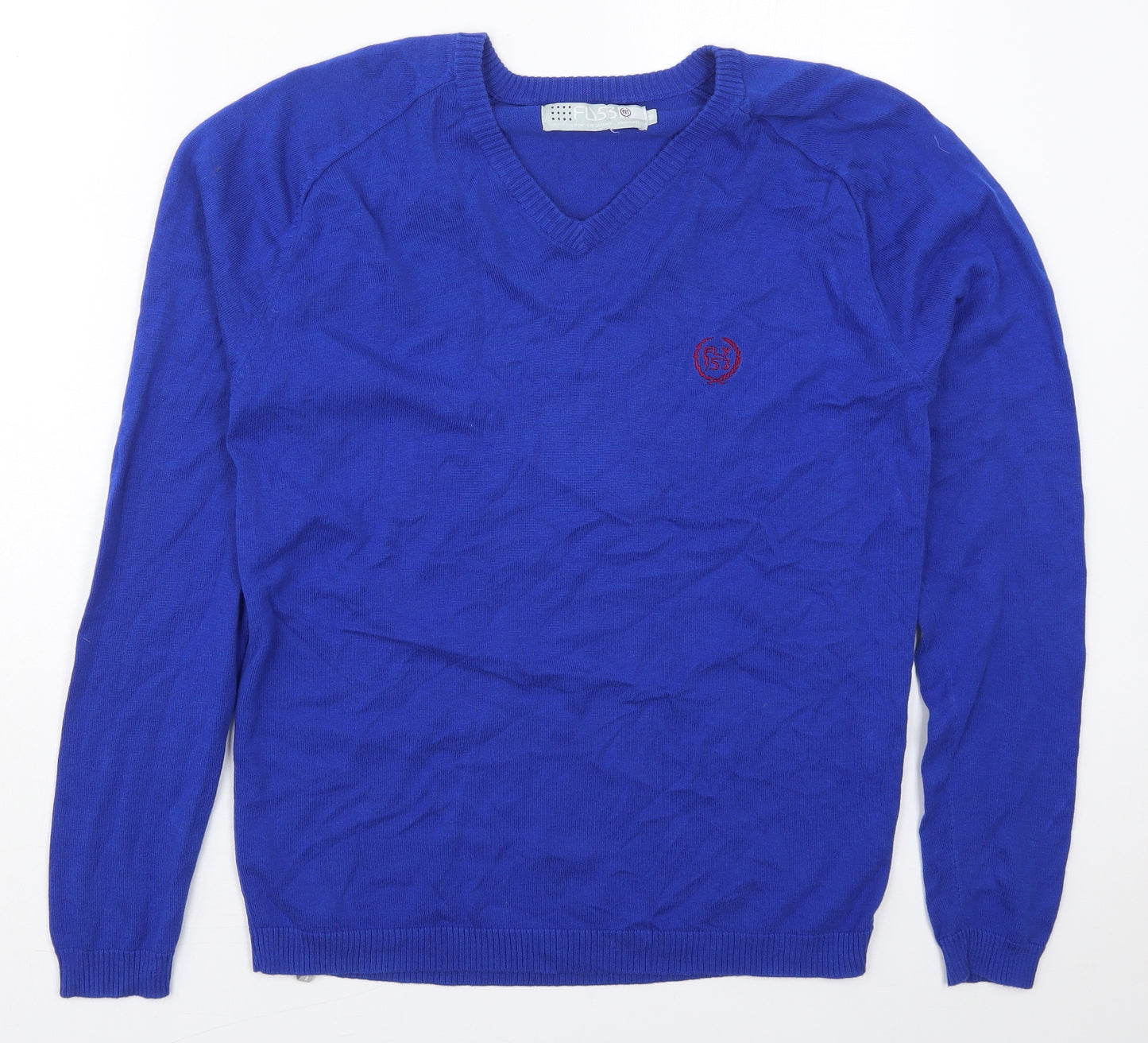 FLY53 Mens Blue V-Neck  Cotton Pullover Jumper Size M