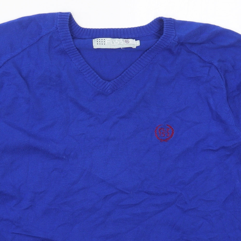 FLY53 Mens Blue V-Neck  Cotton Pullover Jumper Size M