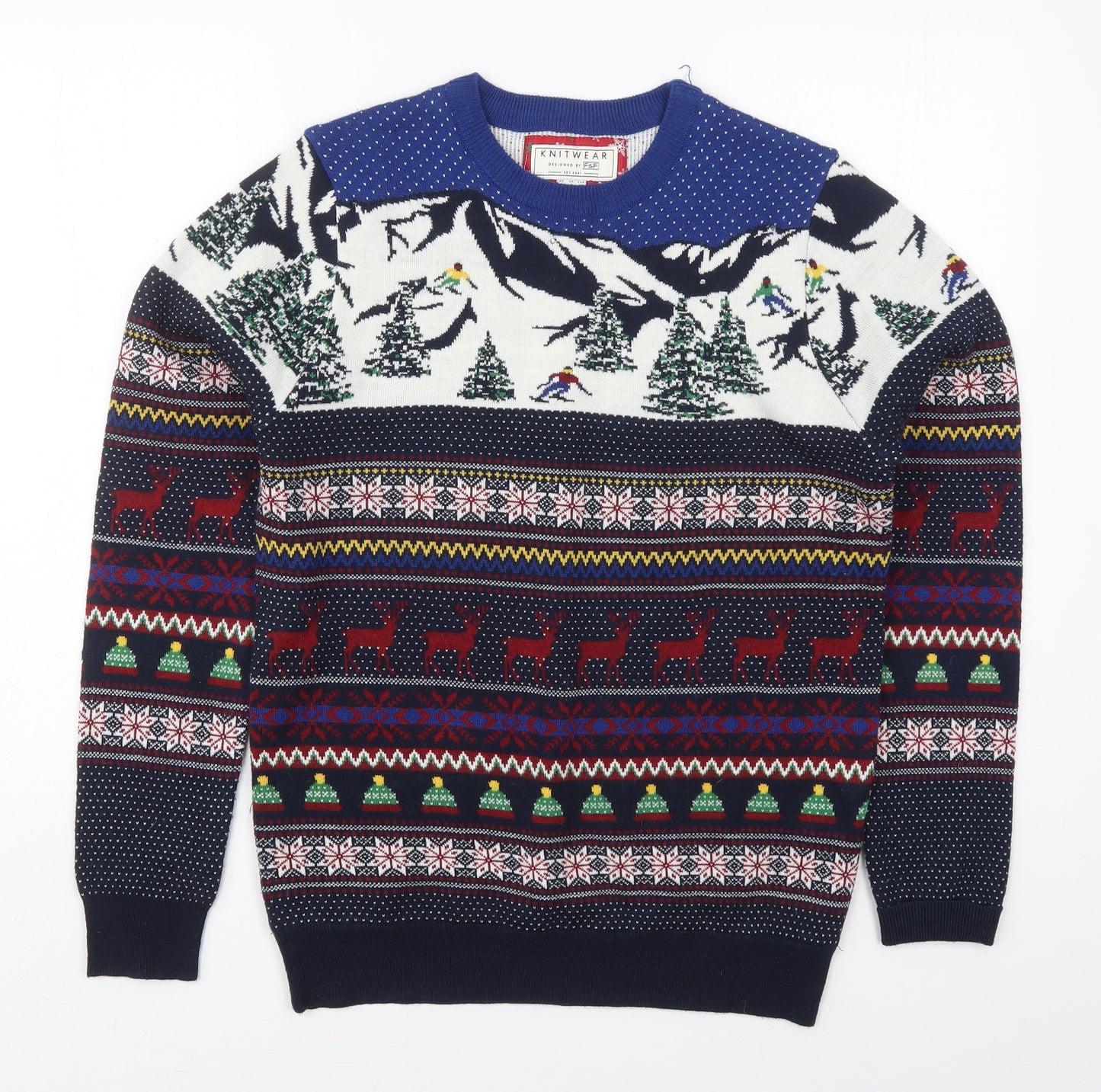 F&F Mens Blue Crew Neck Geometric Acrylic Pullover Jumper Size M   - Christmas Prints