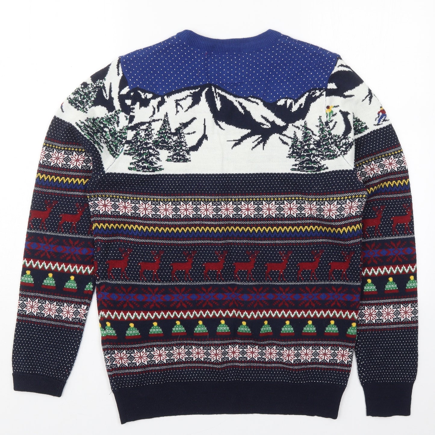 F&F Mens Blue Crew Neck Geometric Acrylic Pullover Jumper Size M   - Christmas Prints