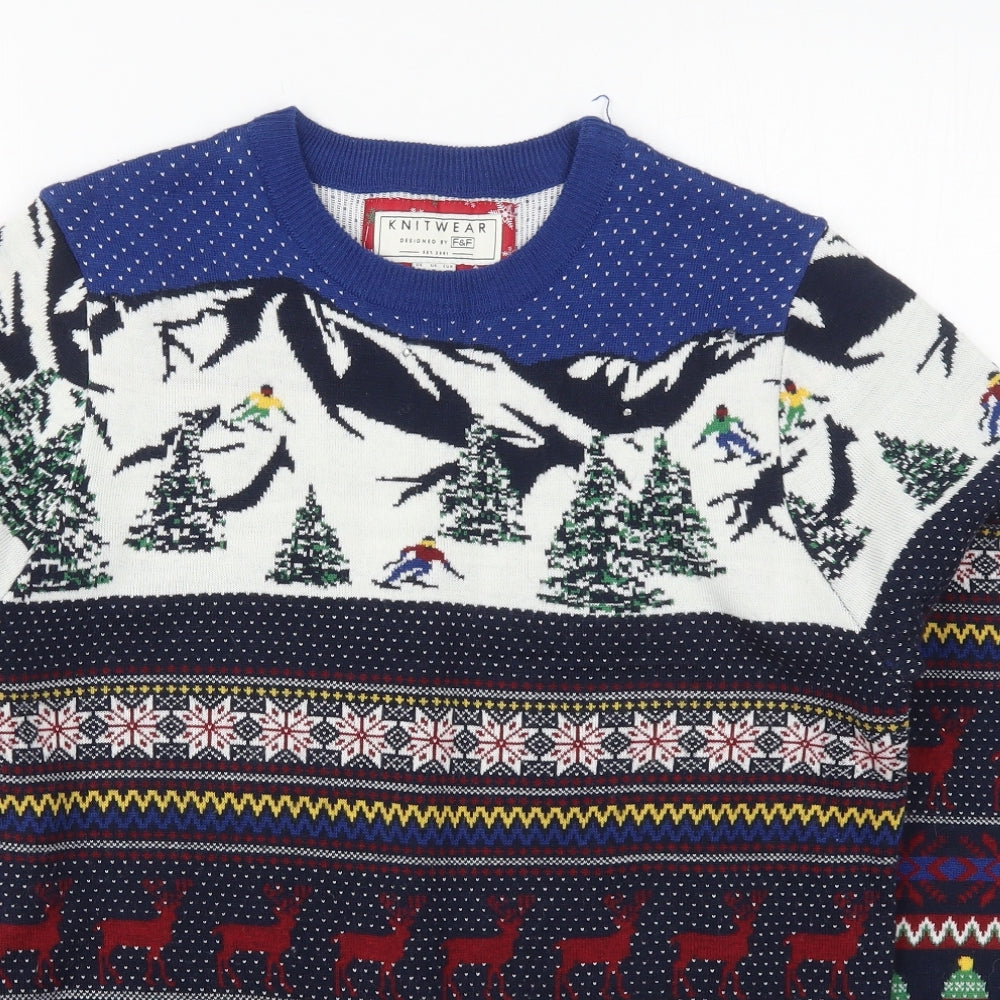 F&F Mens Blue Crew Neck Geometric Acrylic Pullover Jumper Size M   - Christmas Prints