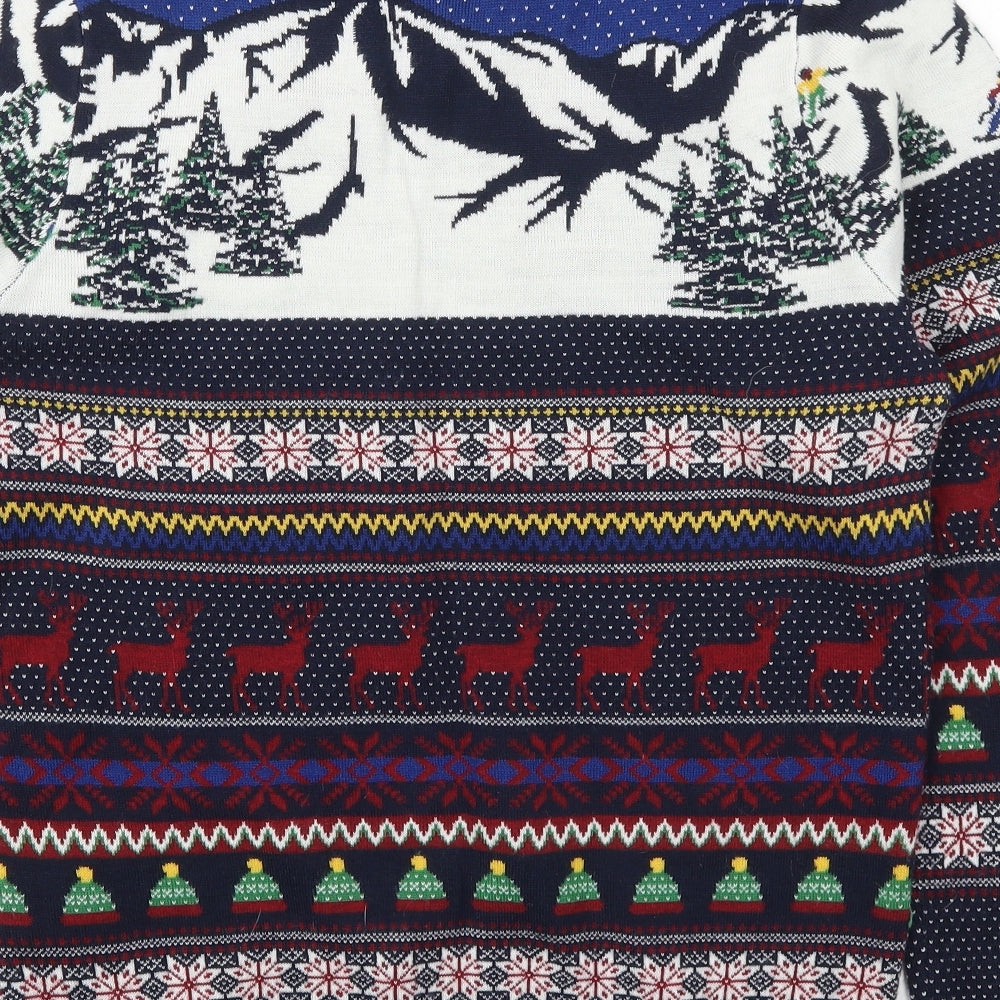 F&F Mens Blue Crew Neck Geometric Acrylic Pullover Jumper Size M   - Christmas Prints