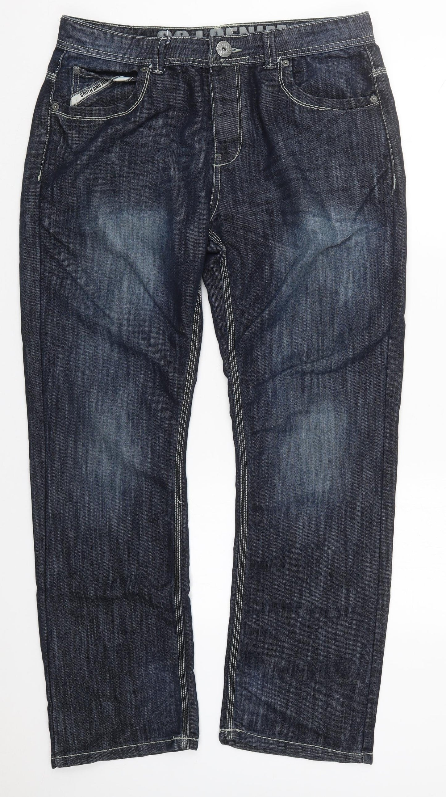 Smith & Jones Mens Blue  Cotton Straight Jeans Size 36 L32 in Regular Button
