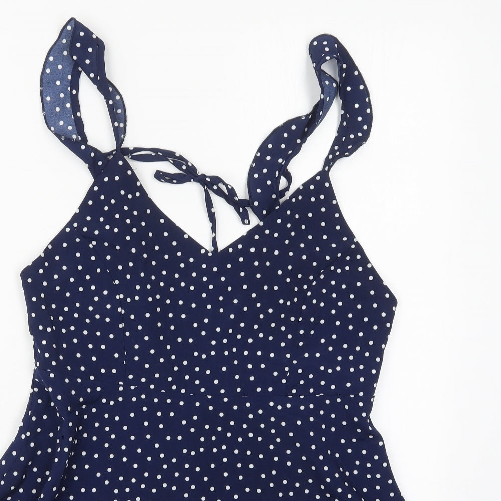 Preworn Womens Blue Polka Dot Polyester Mini  Size M  V-Neck Zip