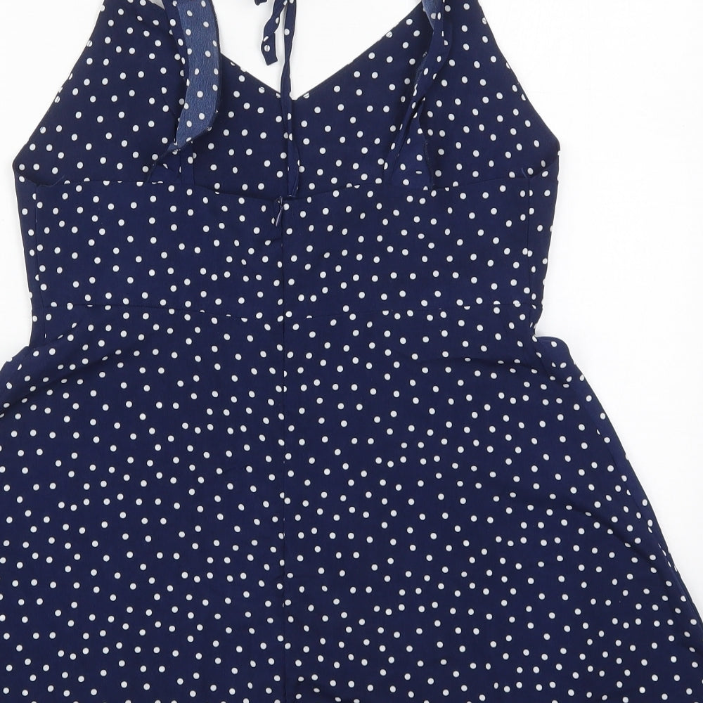 Preworn Womens Blue Polka Dot Polyester Mini  Size M  V-Neck Zip