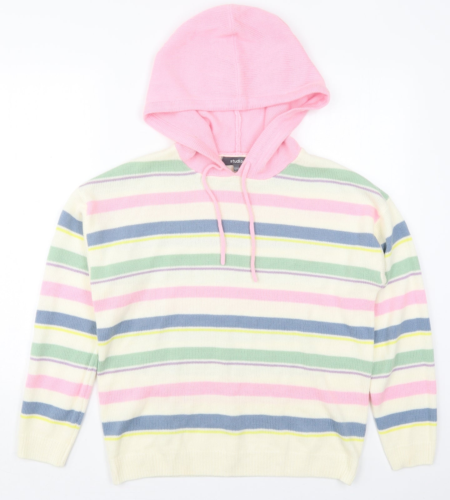 Studio Womens Ivory Striped Acrylic Pullover Hoodie Size 12  Pullover - Pink Green Blue