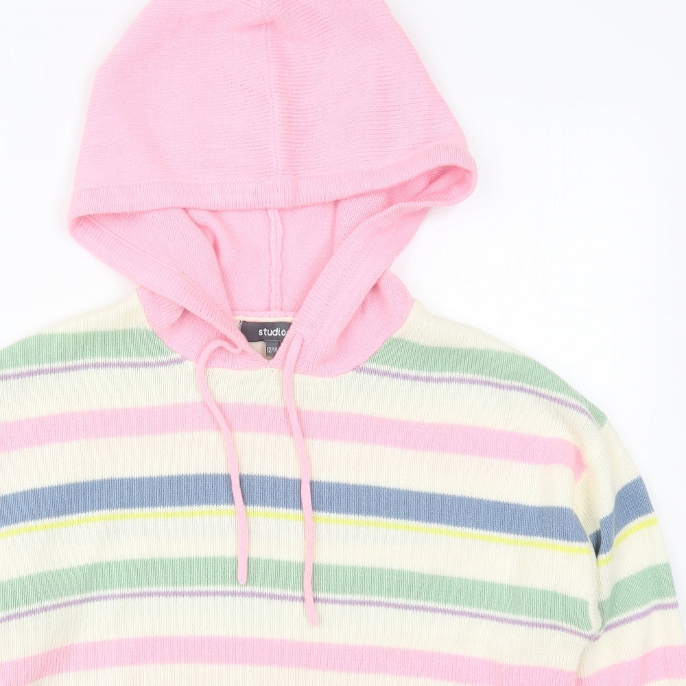 Studio Womens Ivory Striped Acrylic Pullover Hoodie Size 12  Pullover - Pink Green Blue