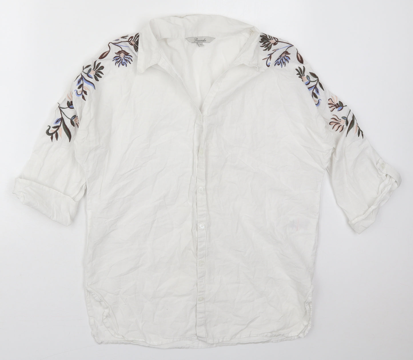 Peacocks Womens White Floral Cotton Basic Button-Up Size 12 Collared
