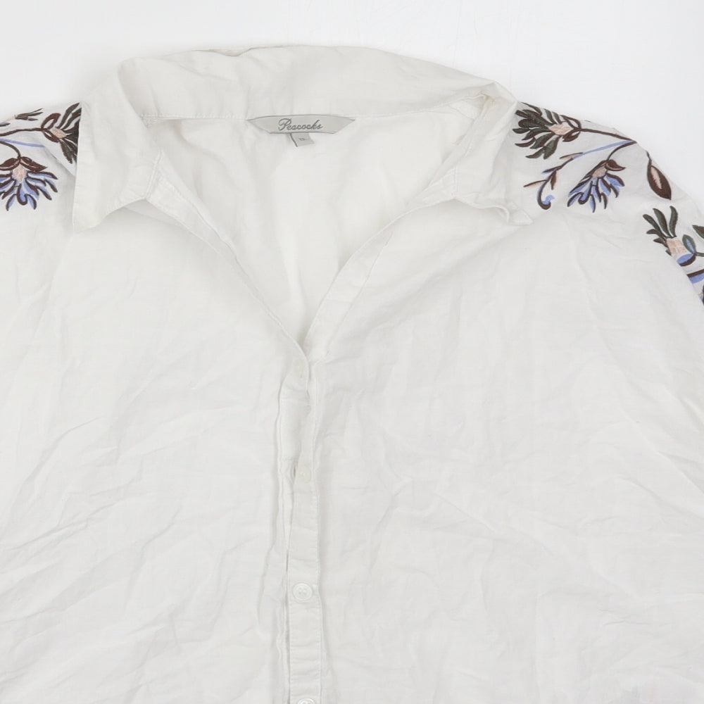 Peacocks Womens White Floral Cotton Basic Button-Up Size 12 Collared