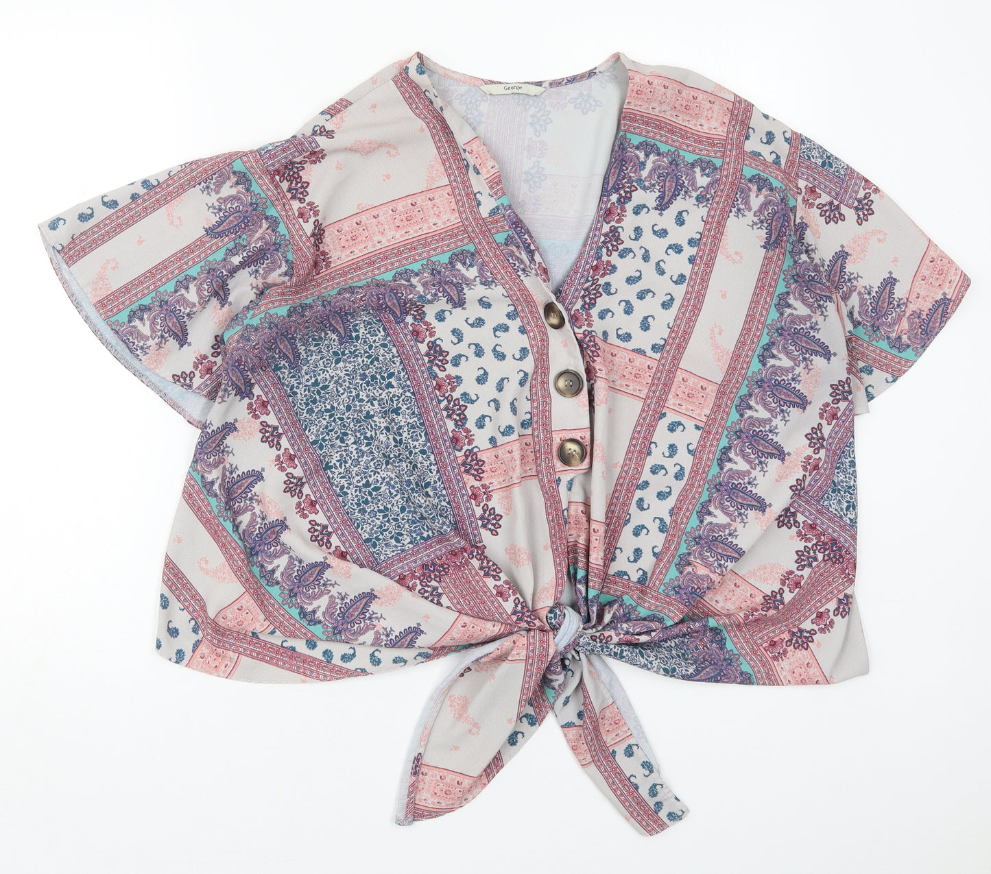 George Womens Grey Paisley Polyester Basic Button-Up Size 12 V-Neck