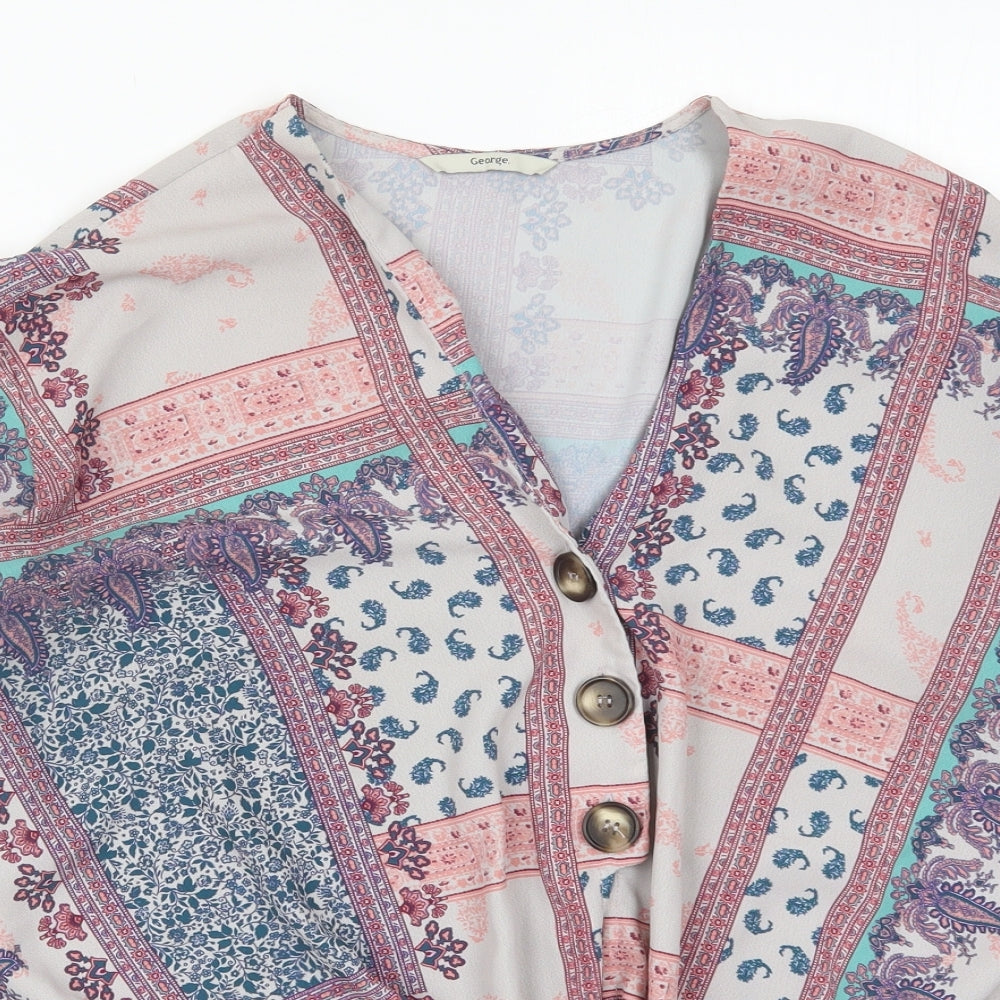 George Womens Grey Paisley Polyester Basic Button-Up Size 12 V-Neck