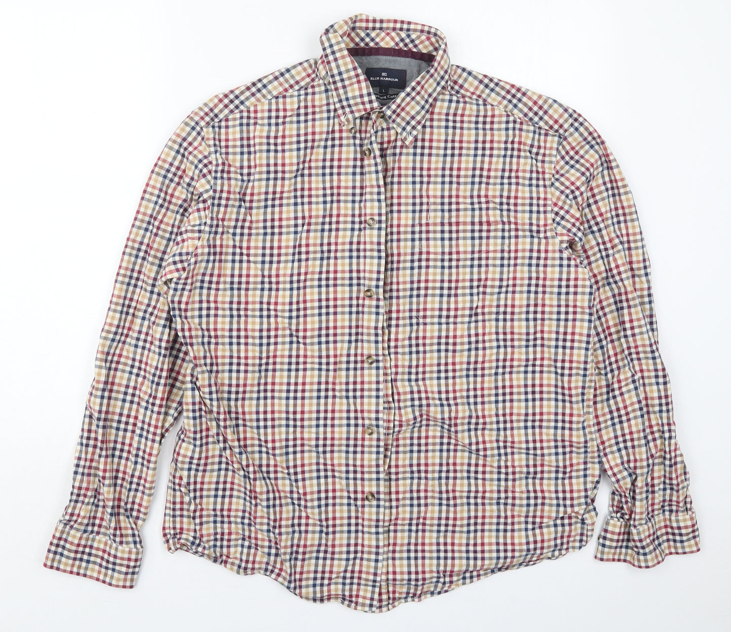 Marks and Spencer Mens Beige Check Cotton  Button-Up Size L Collared Button