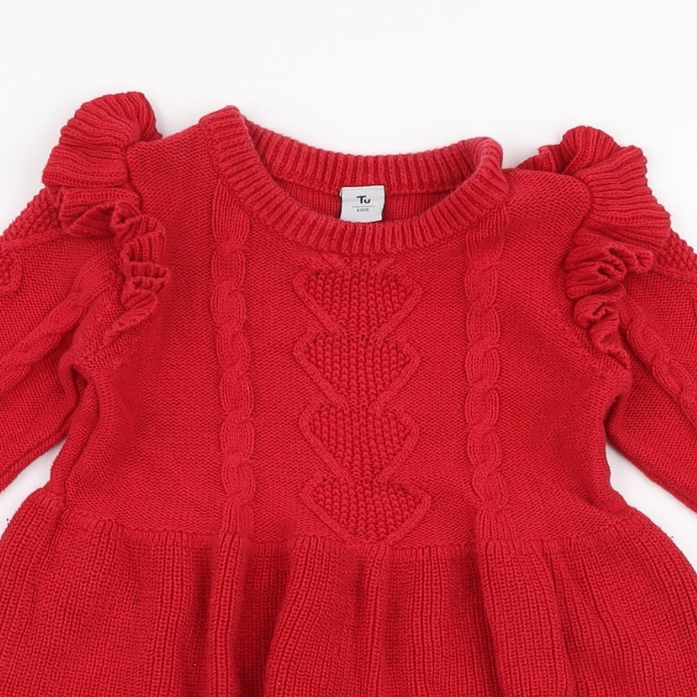 TU Girls Red  100% Cotton Skater Dress  Size 2-3 Years  Round Neck Pullover