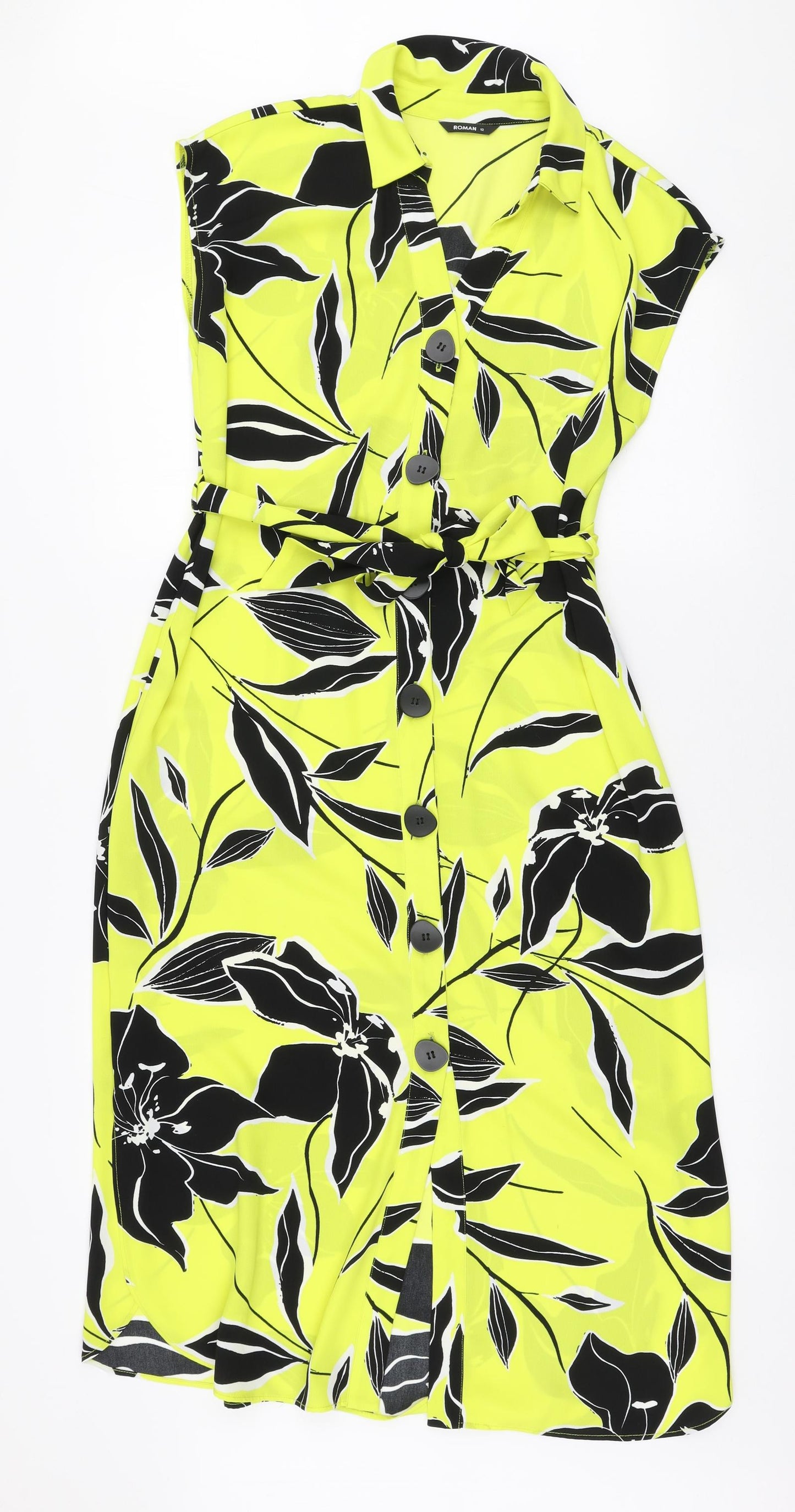 Roman Womens Yellow Floral Polyester Shirt Dress  Size 12  Collared Button