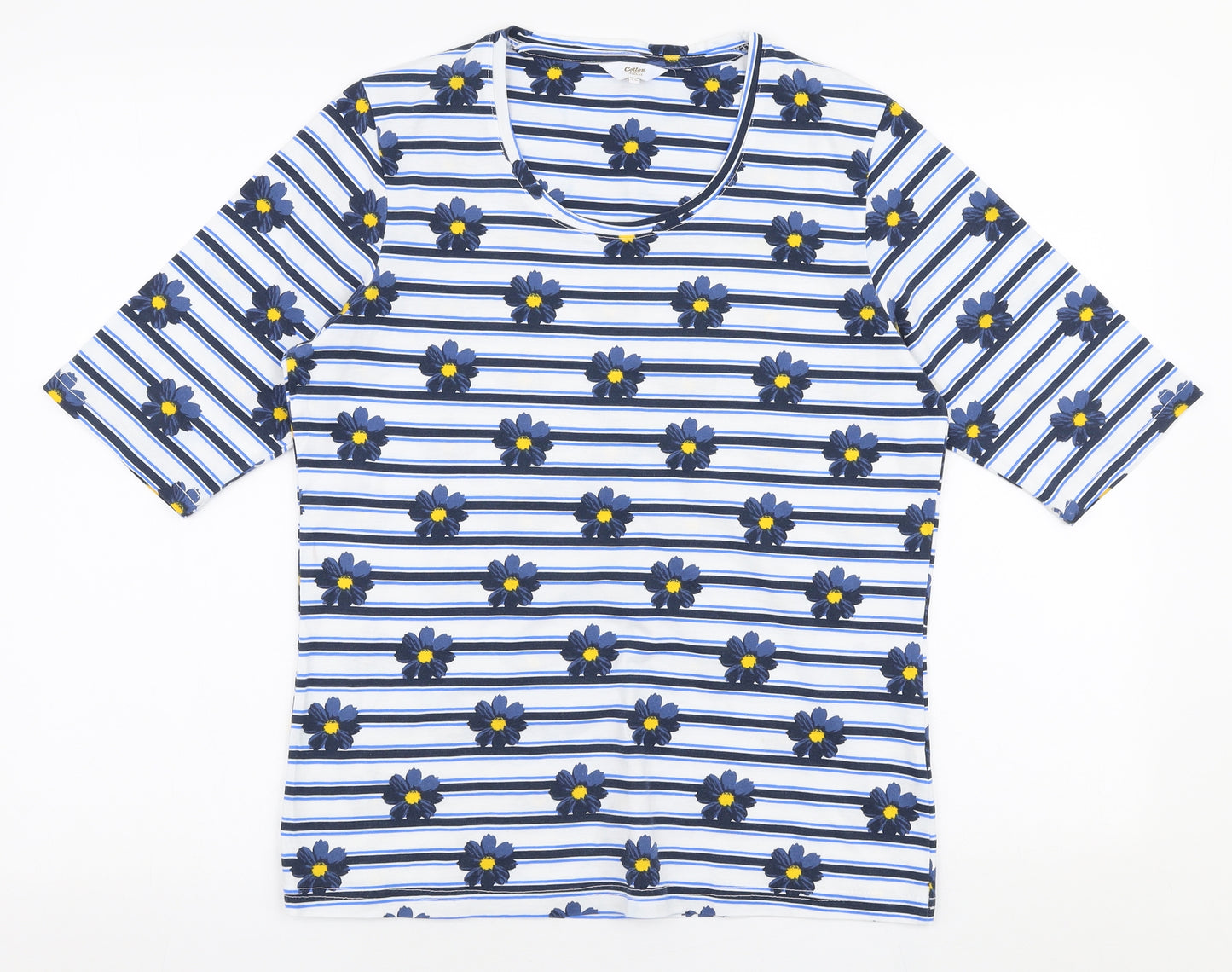 Cotton Traders Womens Blue Striped 100% Cotton Jersey T-Shirt Size 12 Round Neck - Flowers