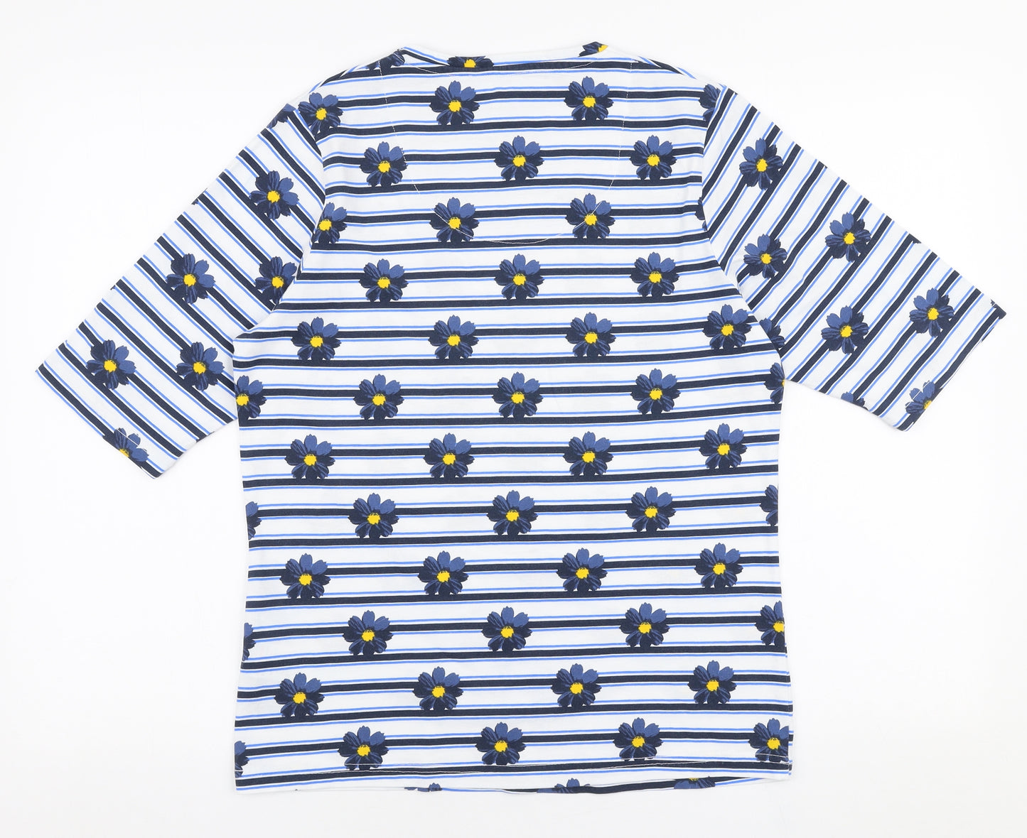 Cotton Traders Womens Blue Striped 100% Cotton Jersey T-Shirt Size 12 Round Neck - Flowers