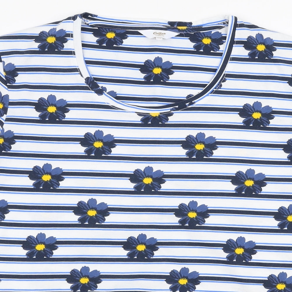 Cotton Traders Womens Blue Striped 100% Cotton Jersey T-Shirt Size 12 Round Neck - Flowers
