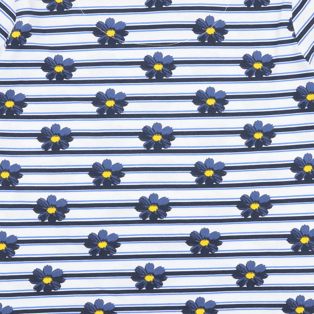 Cotton Traders Womens Blue Striped 100% Cotton Jersey T-Shirt Size 12 Round Neck - Flowers