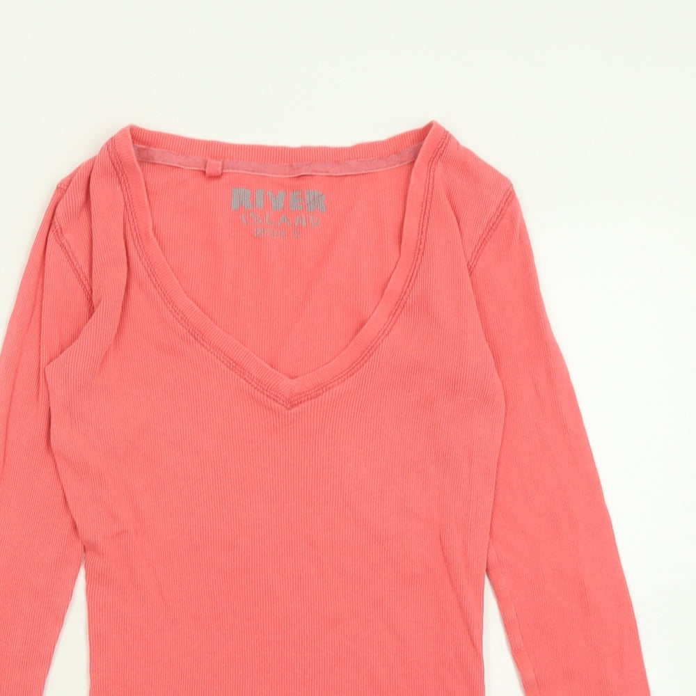 River Island Womens Pink  Cotton Basic T-Shirt Size 8 V-Neck