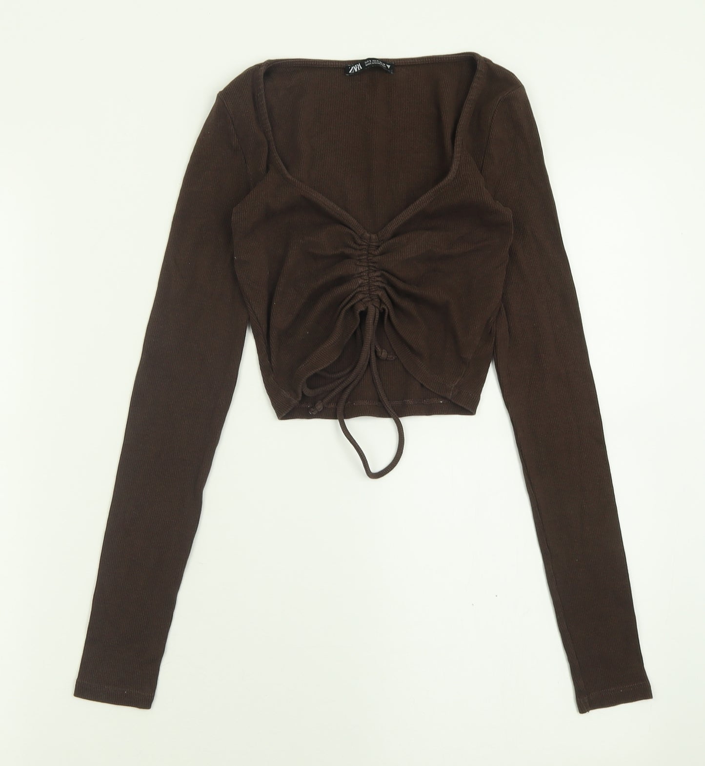 Zara Womens Brown  Cotton Cropped T-Shirt Size S V-Neck