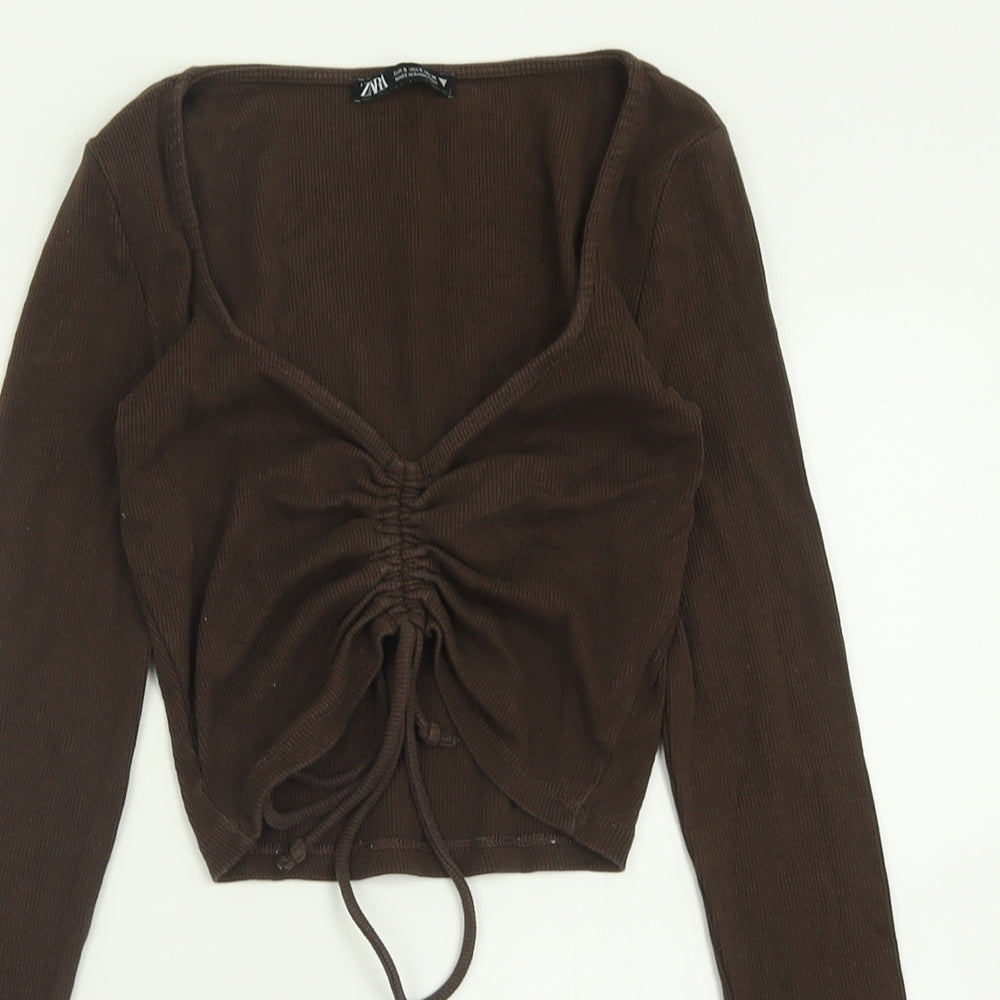 Zara Womens Brown  Cotton Cropped T-Shirt Size S V-Neck