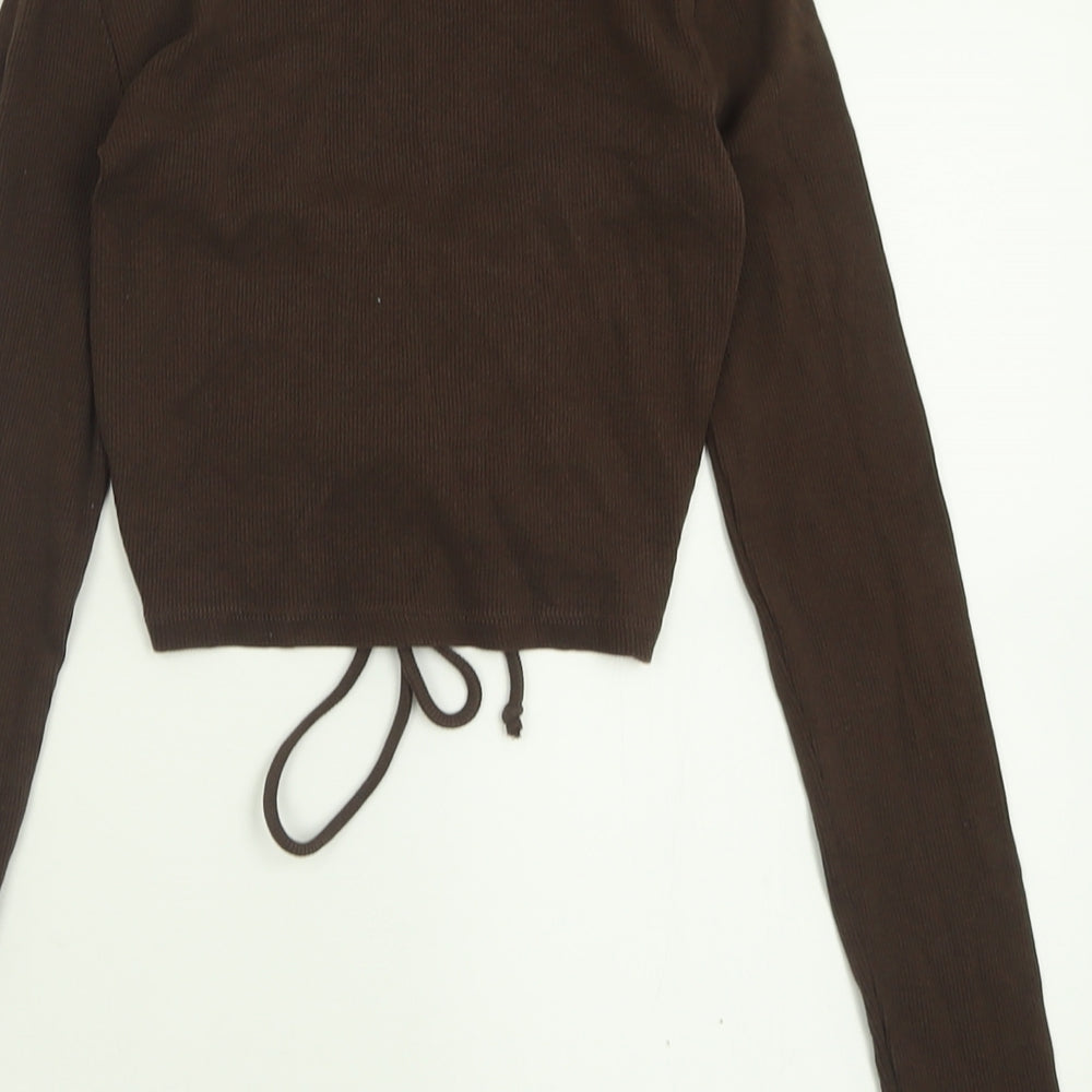 Zara Womens Brown  Cotton Cropped T-Shirt Size S V-Neck