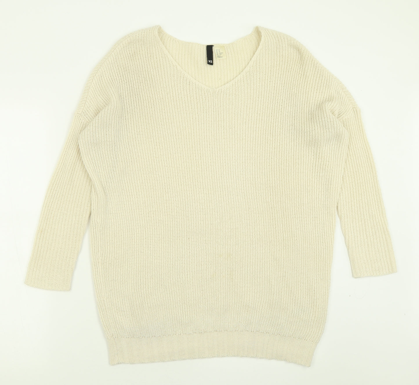 H&M Womens Ivory V-Neck  Acrylic Pullover Jumper Size XS