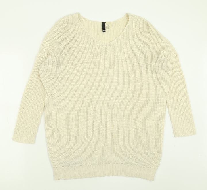 H&M Womens Ivory V-Neck  Acrylic Pullover Jumper Size XS