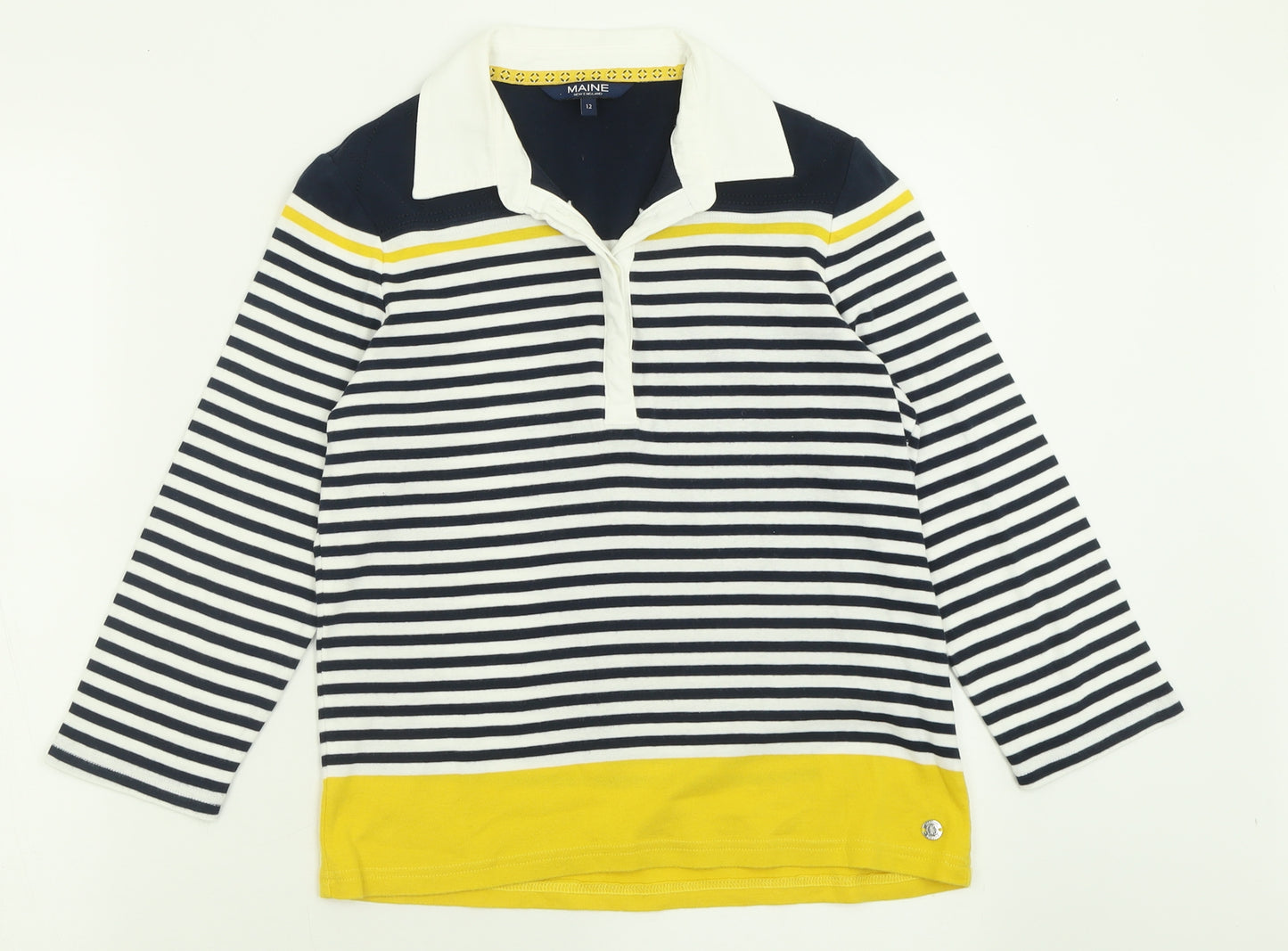 Maine Womens Blue Striped Cotton Basic Polo Size 12 Collared