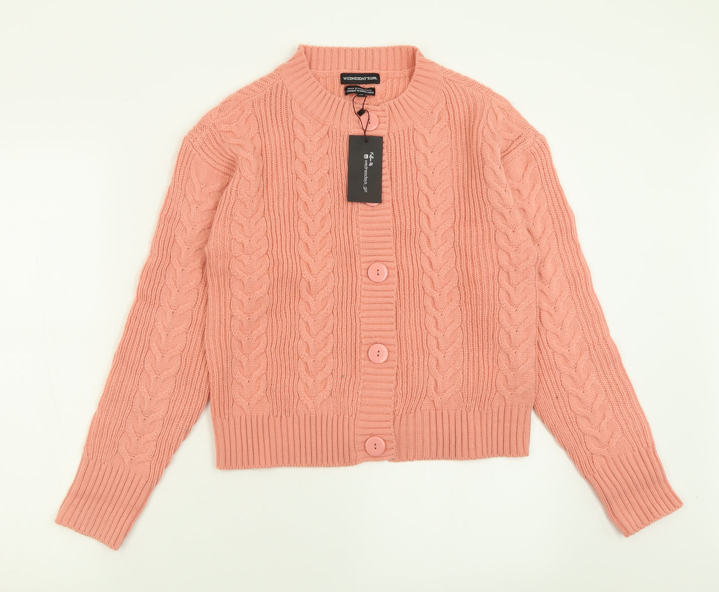 Wednesday Girl Womens Pink Crew Neck  Acrylic Cardigan Jumper Size XS