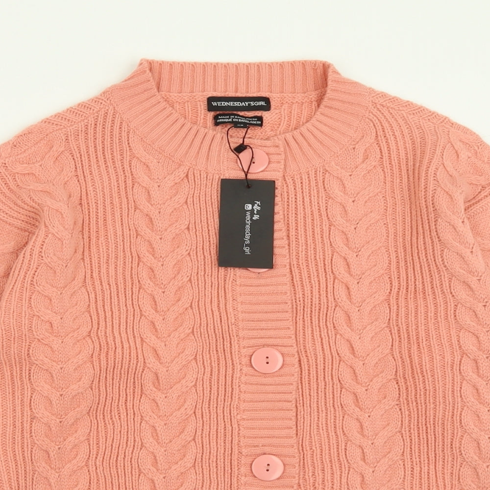 Wednesday Girl Womens Pink Crew Neck  Acrylic Cardigan Jumper Size XS