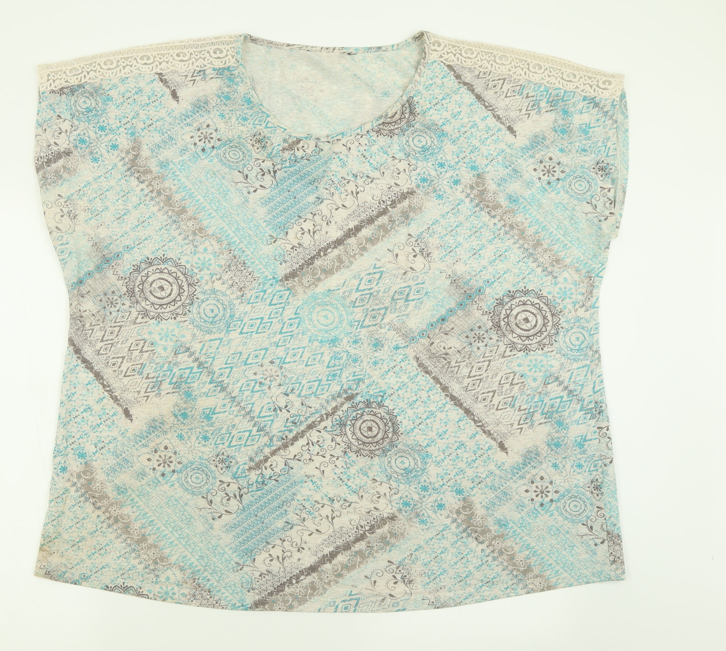 bonmarch Womens Blue Geometric Polyester Basic T-Shirt Size 24 Scoop Neck