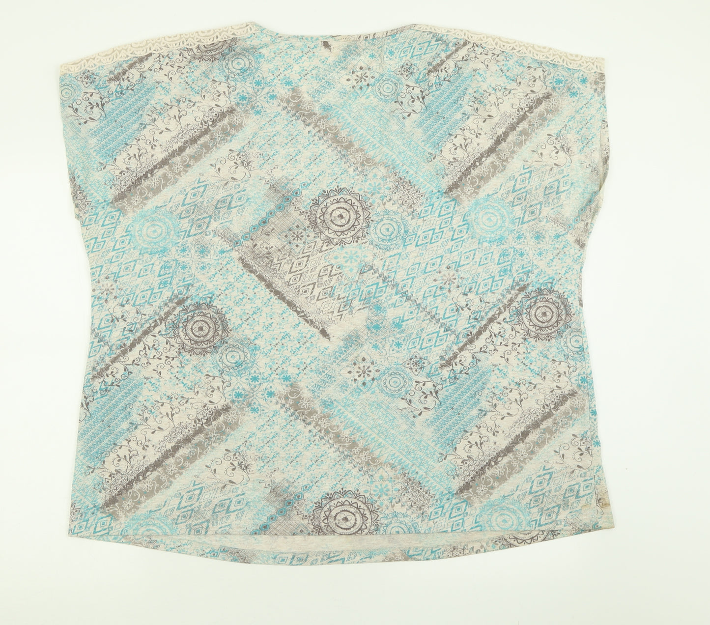 bonmarch Womens Blue Geometric Polyester Basic T-Shirt Size 24 Scoop Neck