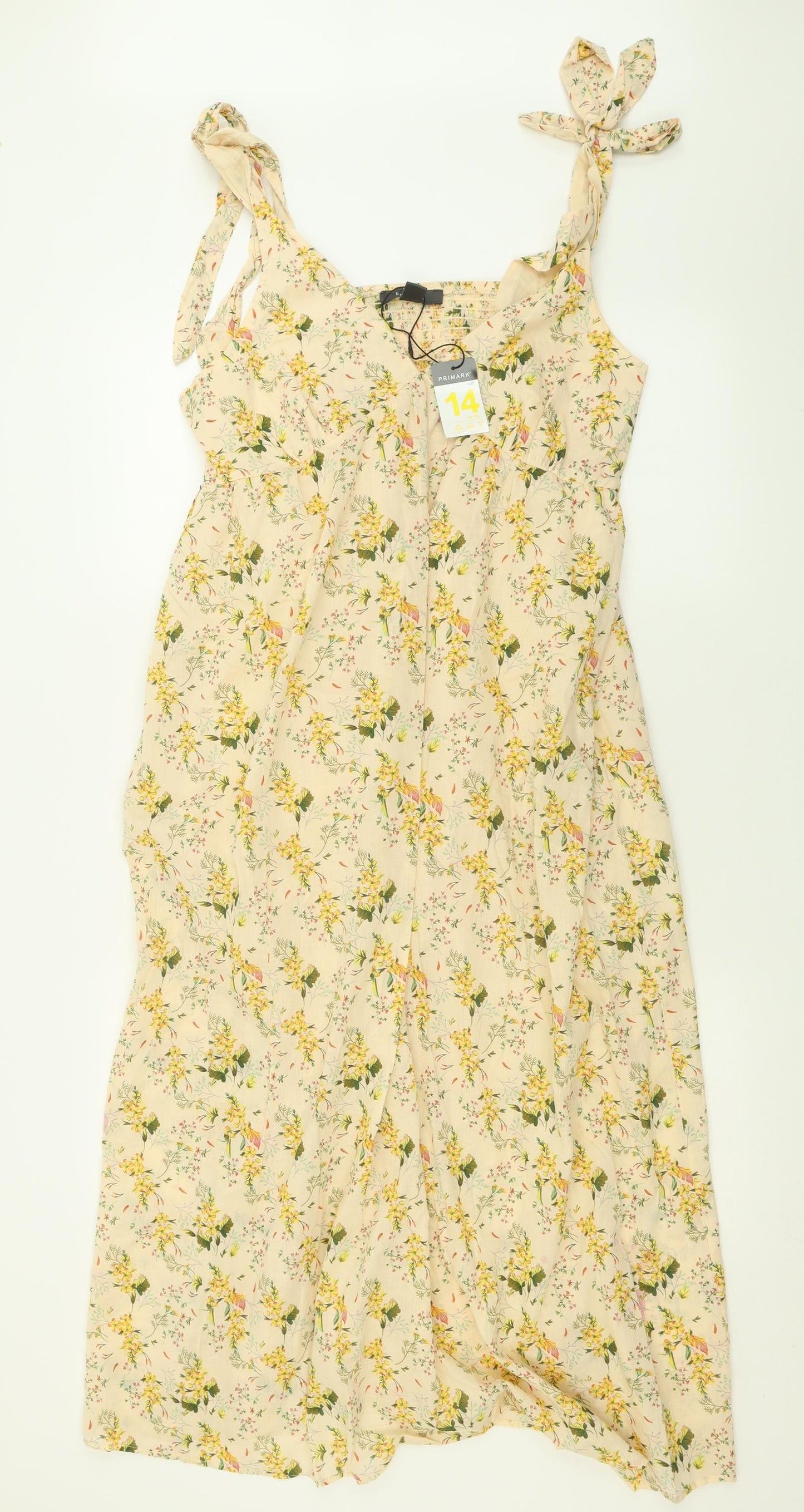 Primark Womens Yellow Floral Cotton A-Line  Size 14  V-Neck Pullover
