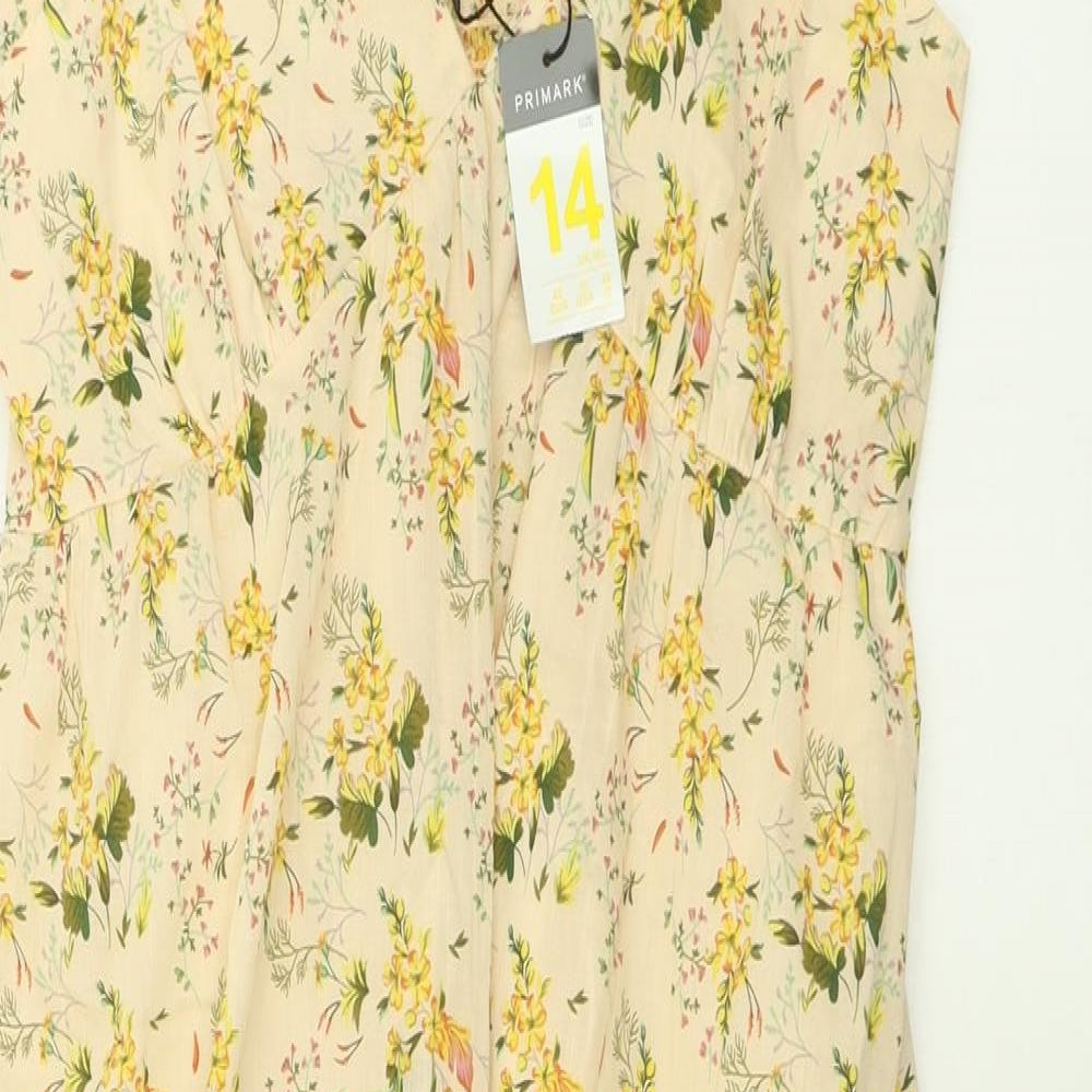 Primark Womens Yellow Floral Cotton A-Line  Size 14  V-Neck Pullover