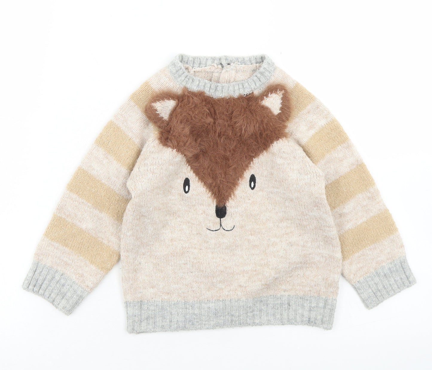 Matalan Boys Beige Striped Polyester Pullover Jumper Size 18-24 Months  Button - Fox