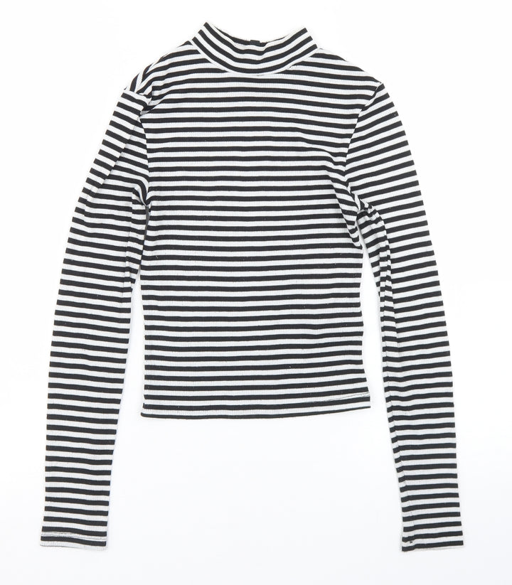 Divided Womens Black Striped Polyester Cropped T-Shirt Size XS Mock Neck