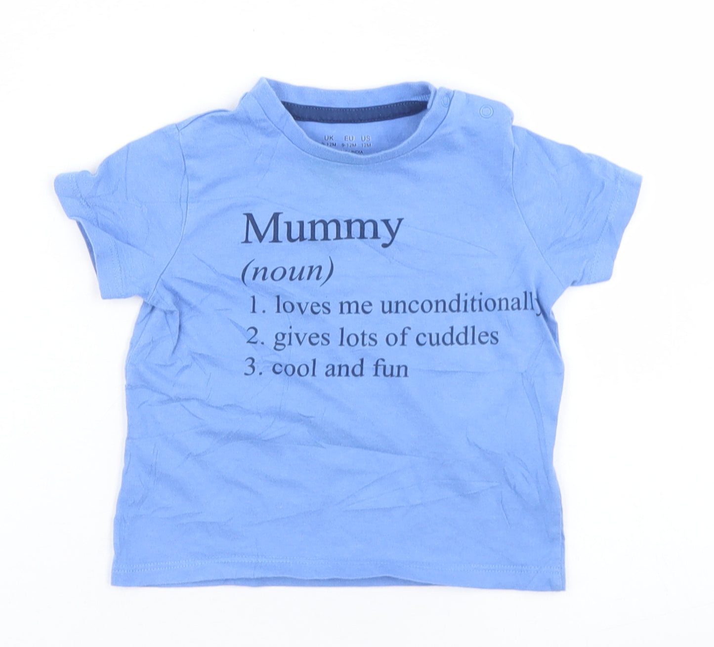 F&F Boys Blue  Cotton Basic T-Shirt Size 9-12 Months Crew Neck Snap - Mummy