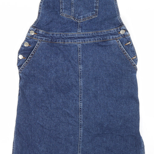 Warehouse Womens Blue  Cotton Pinafore/Dungaree Dress  Size 12  Square Neck Button