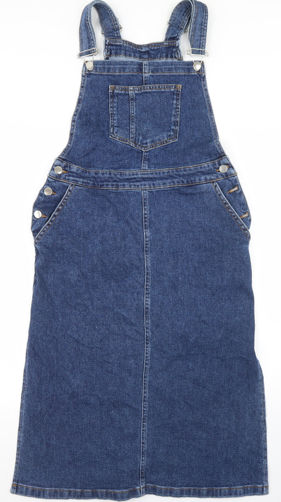 Warehouse Womens Blue  Cotton Pinafore/Dungaree Dress  Size 12  Square Neck Button
