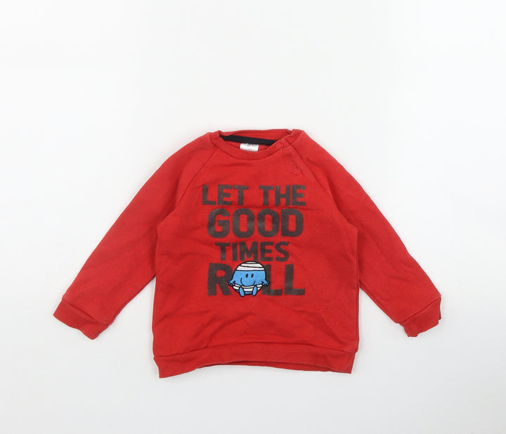 F&F Boys Red  Cotton Pullover Jumper Size 6-9 Months  Snap - 'Let the good times roll'