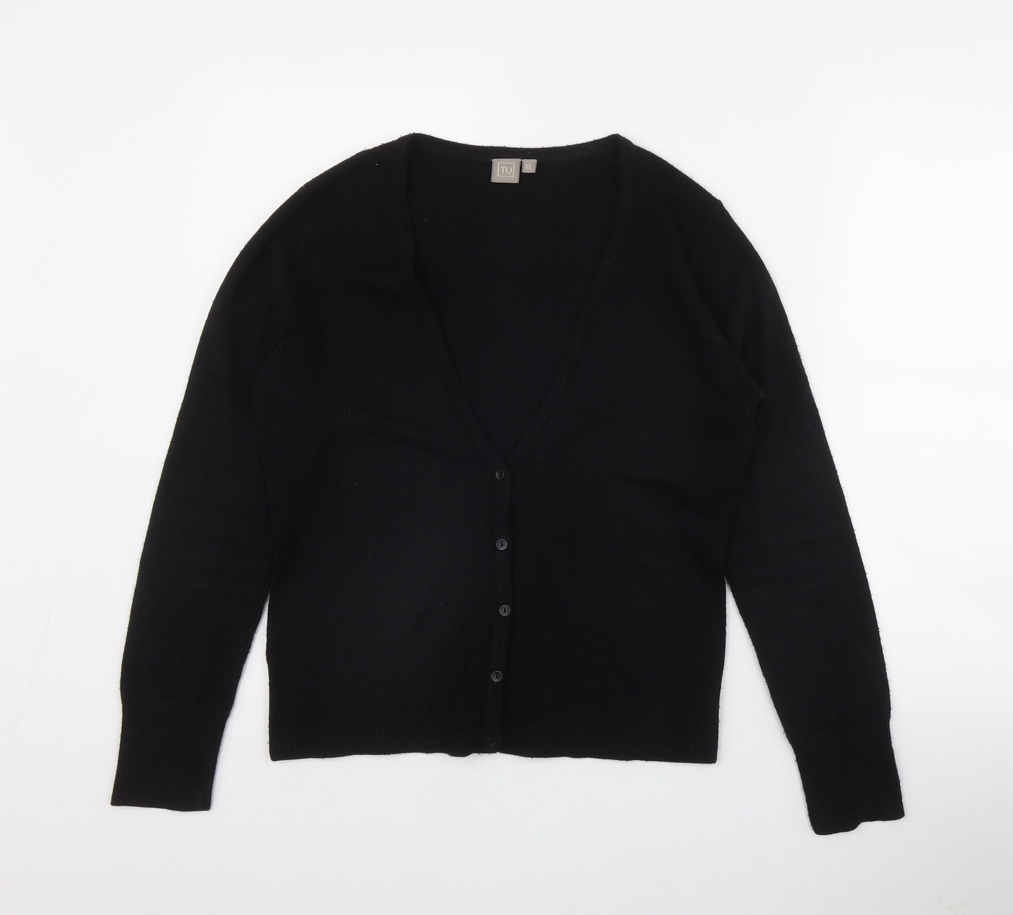 TU Womens Black V-Neck  Acrylic Cardigan Jumper Size 12