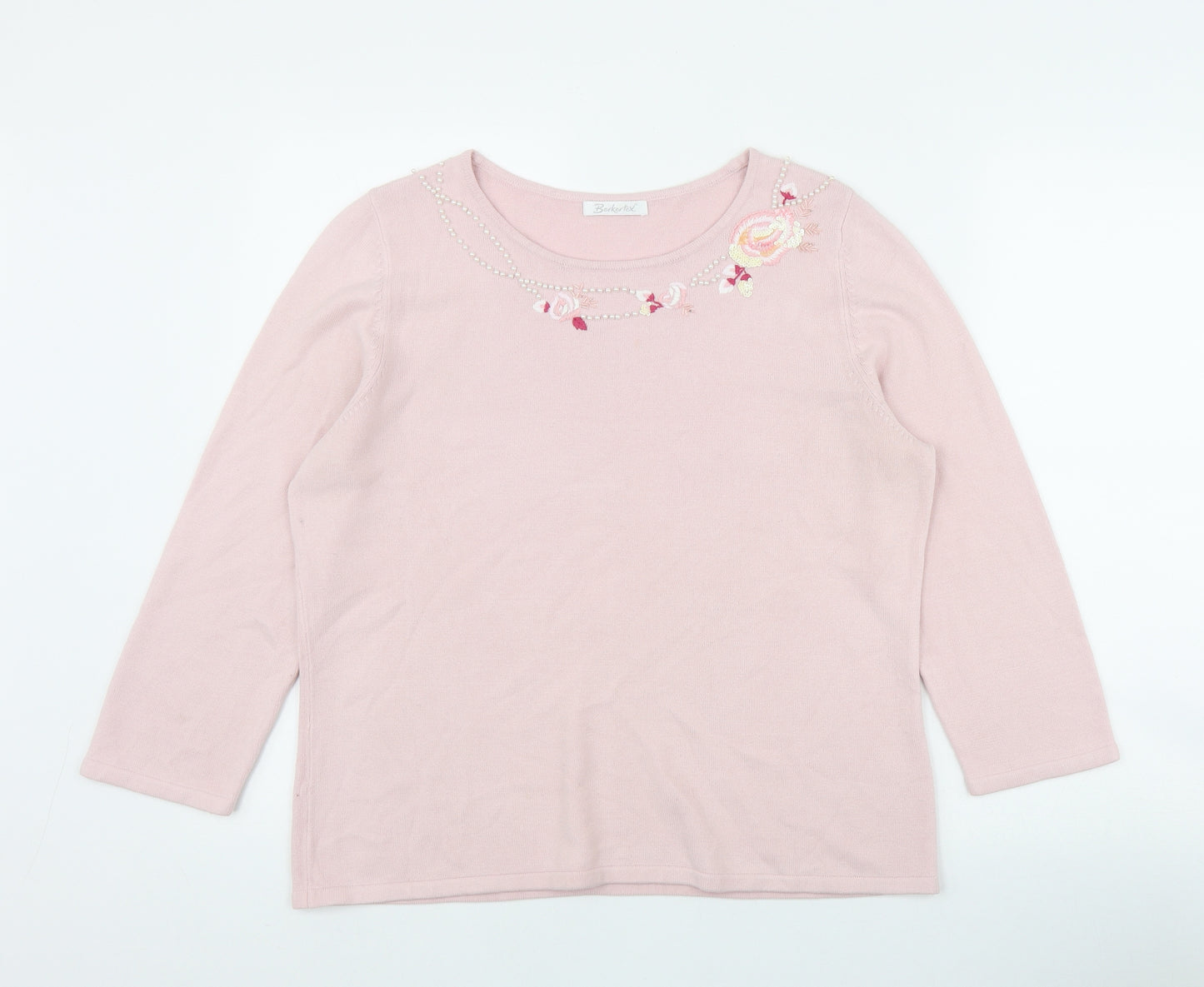 Berkertex Womens Pink Round Neck  Acrylic Pullover Jumper Size 16   - Embroidered Flowers
