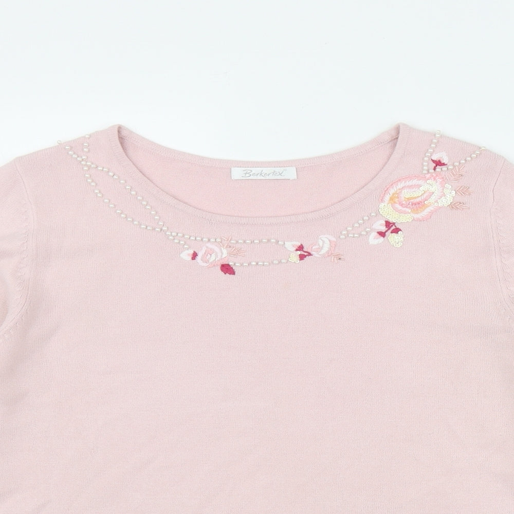 Berkertex Womens Pink Round Neck  Acrylic Pullover Jumper Size 16   - Embroidered Flowers