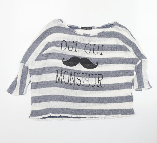 Front view of Atmosphere women’s blue round neck striped polyester jumper, size UK 8