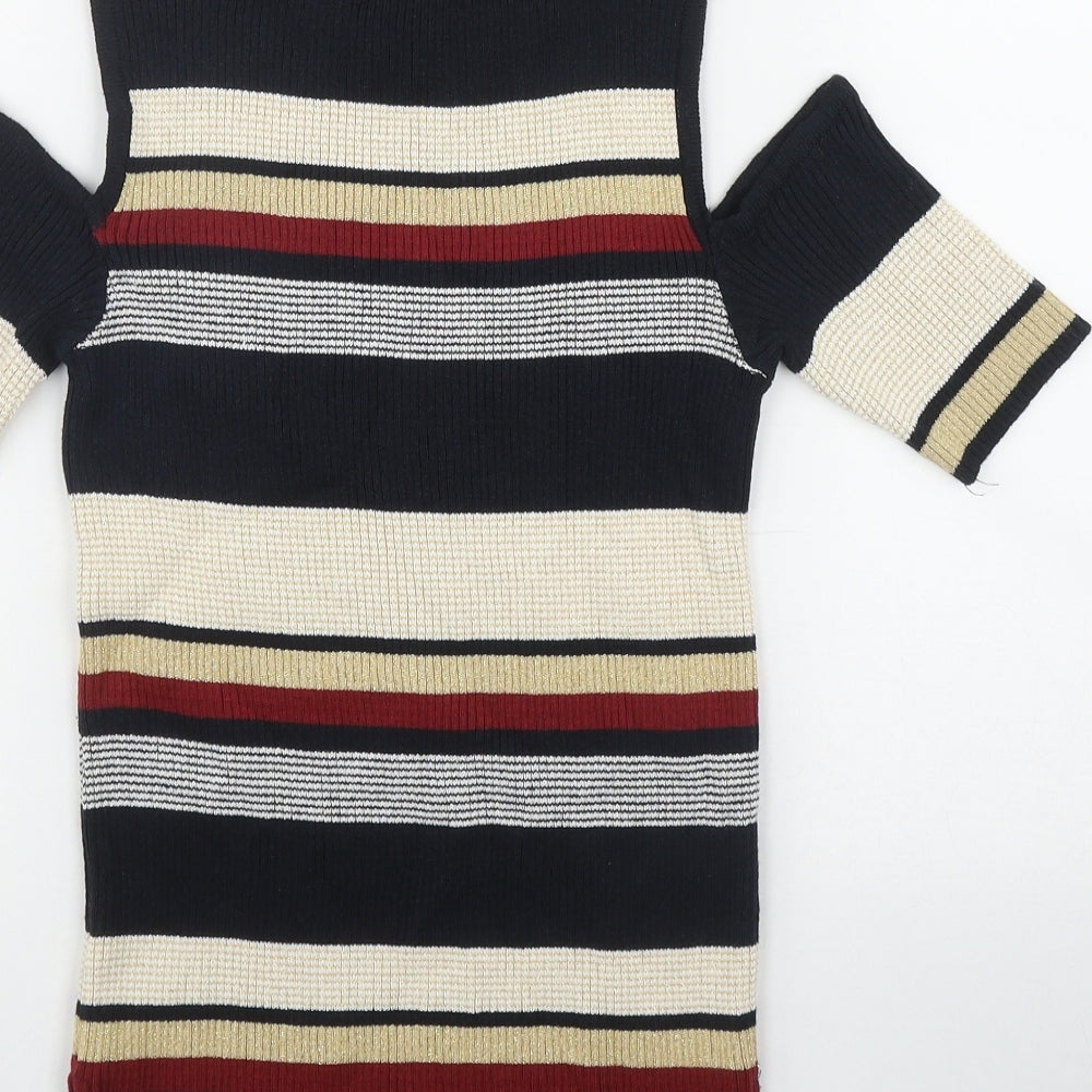 Amaryllis Womens Blue Striped Cotton Basic T-Shirt Size M Round Neck