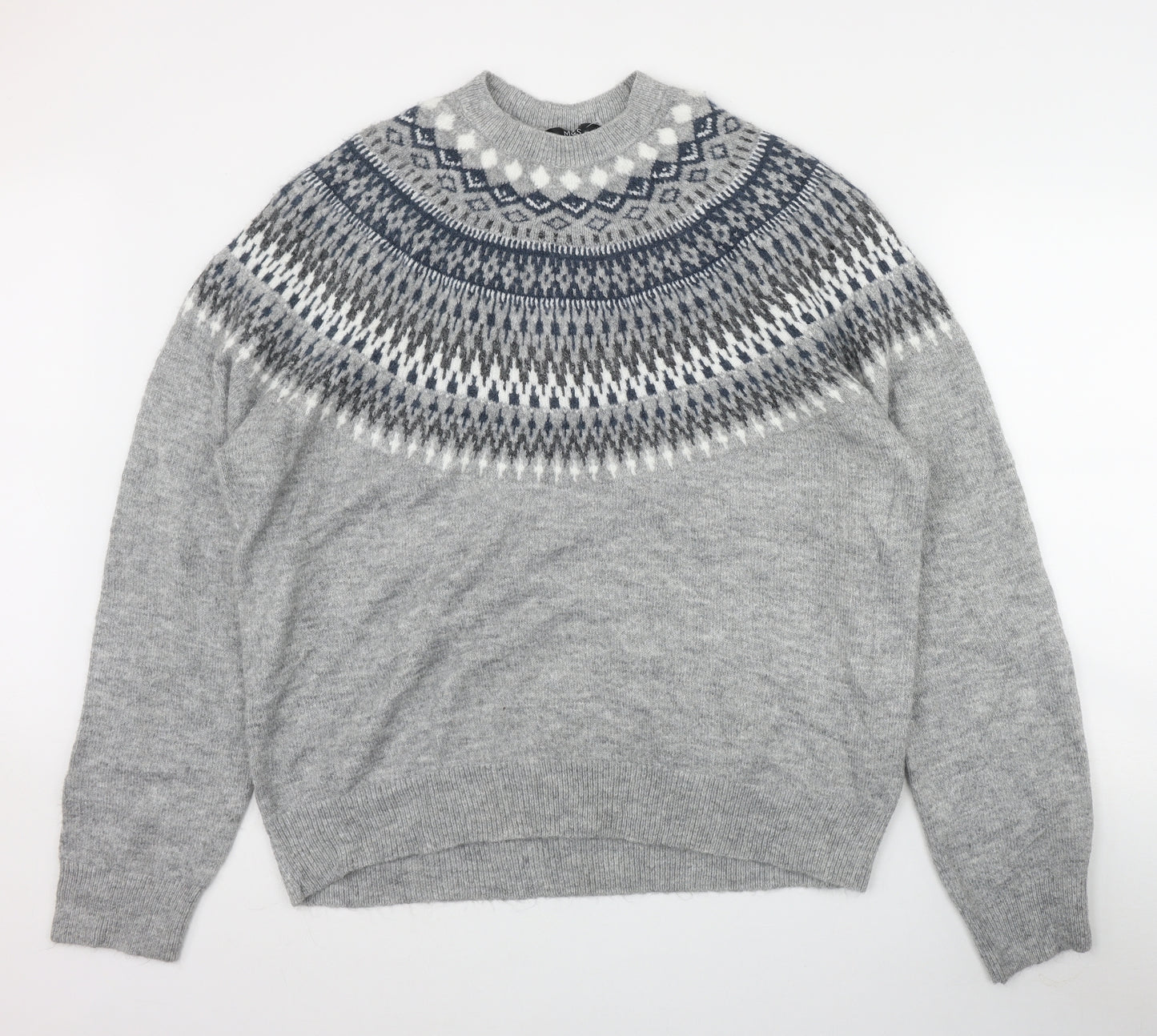 Marks and Spencer Mens Grey Round Neck Fair Isle Acrylic Pullover Jumper Size 2XL